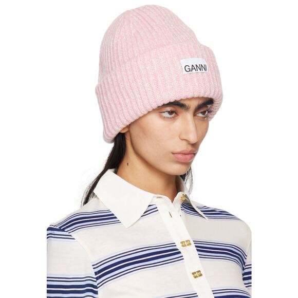 Ganni Pink Oversized Wool Rib Knit Beanie Hat - Picture 6 of 10